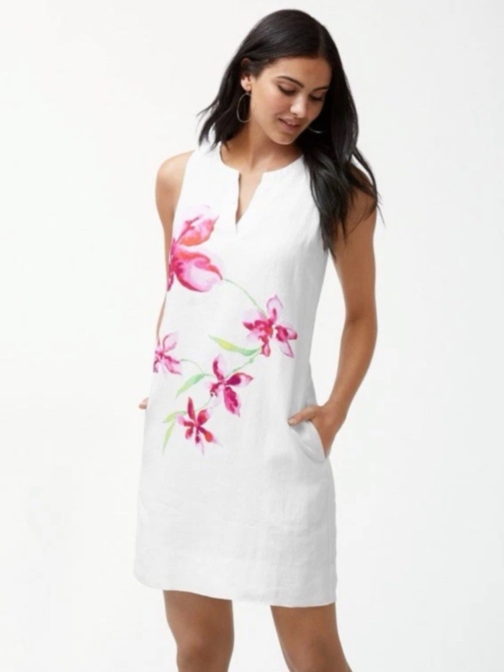 Tommy Bahama White Water color pink Linen shift dress sleeveless V neckline S /P